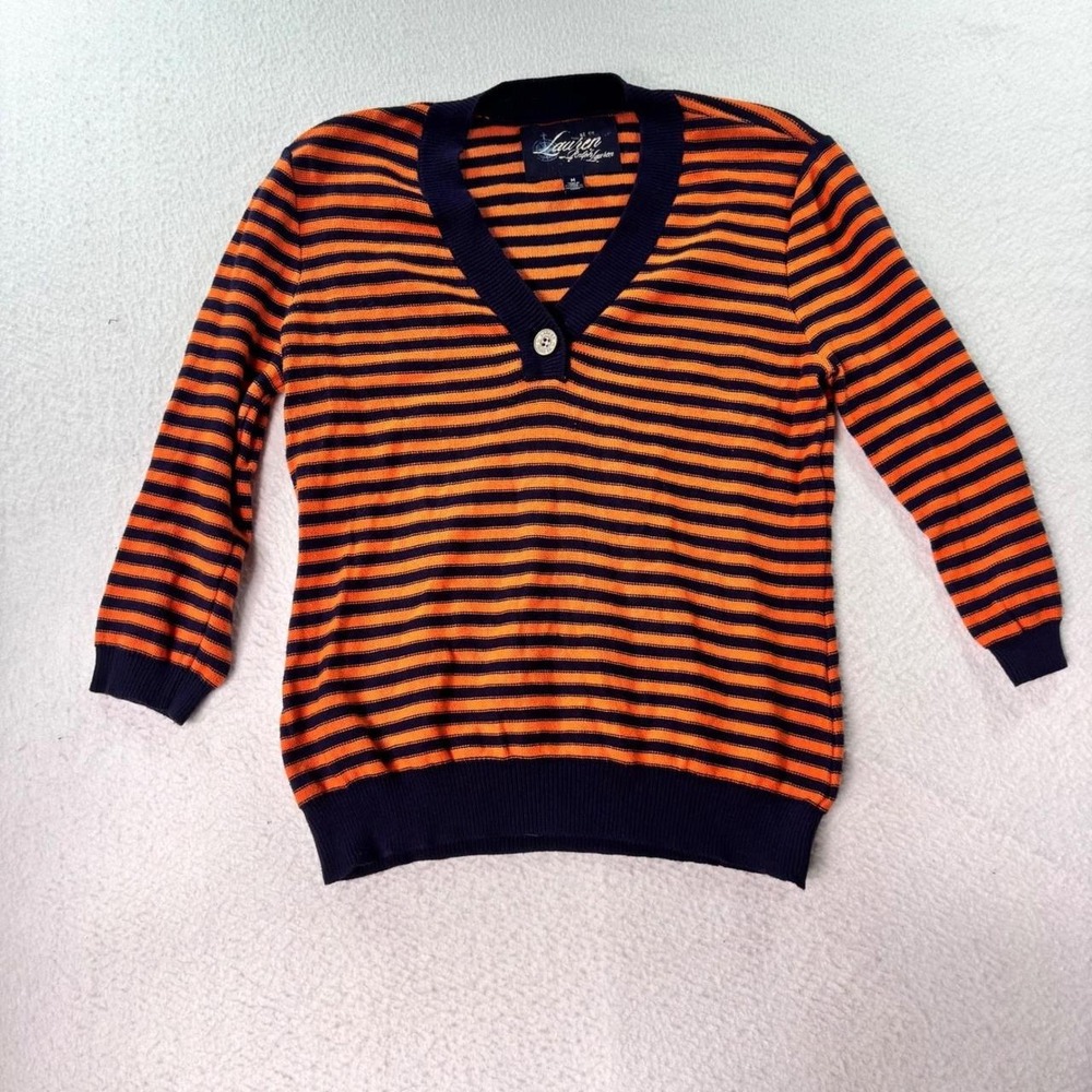 Lauren Ralph Lauren Striped Henley Sweater Women's Medium Orange Navy Cotton